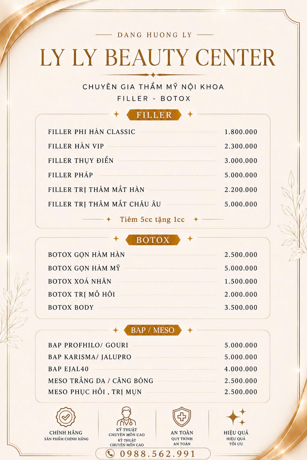 Bảng giá Filler, Botox, BAP và Meso tại Ly Ly Beauty Center